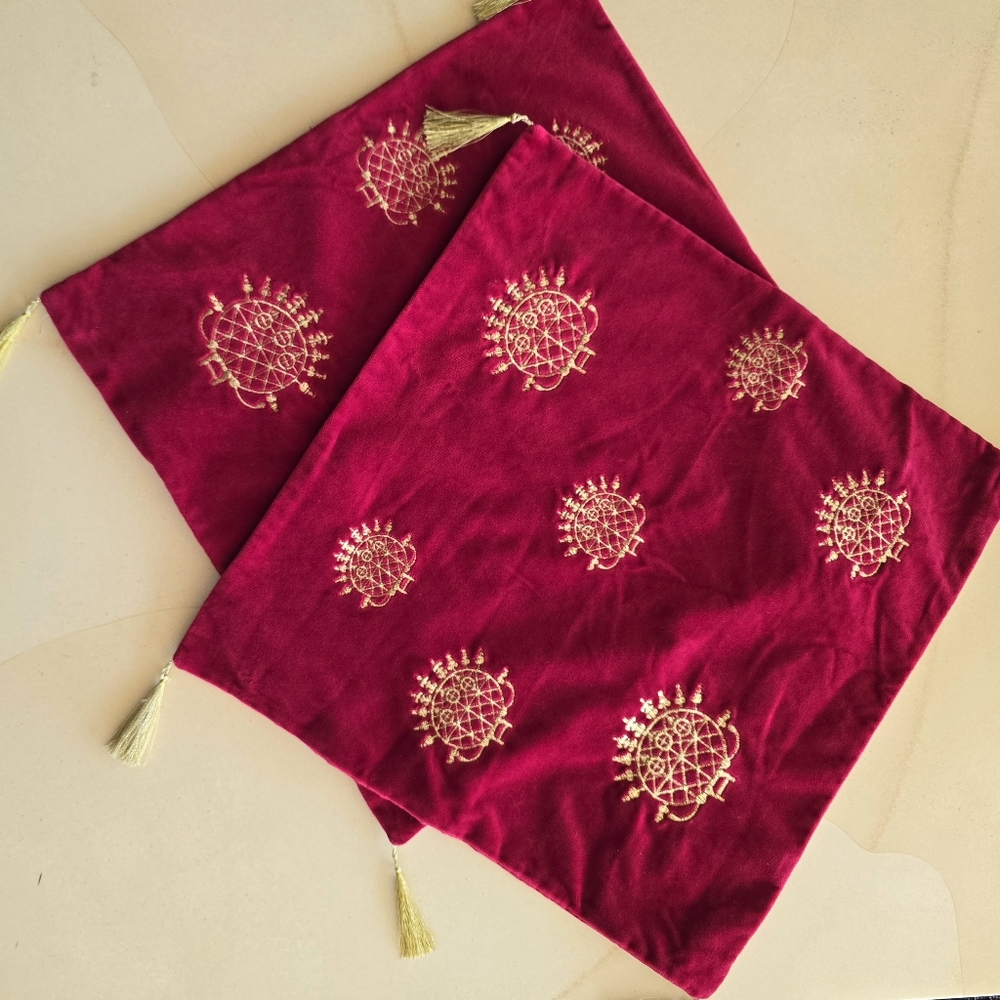 Exotic! Ornate! Two Red Velvet Embroidered Turkish Pillow Covers New